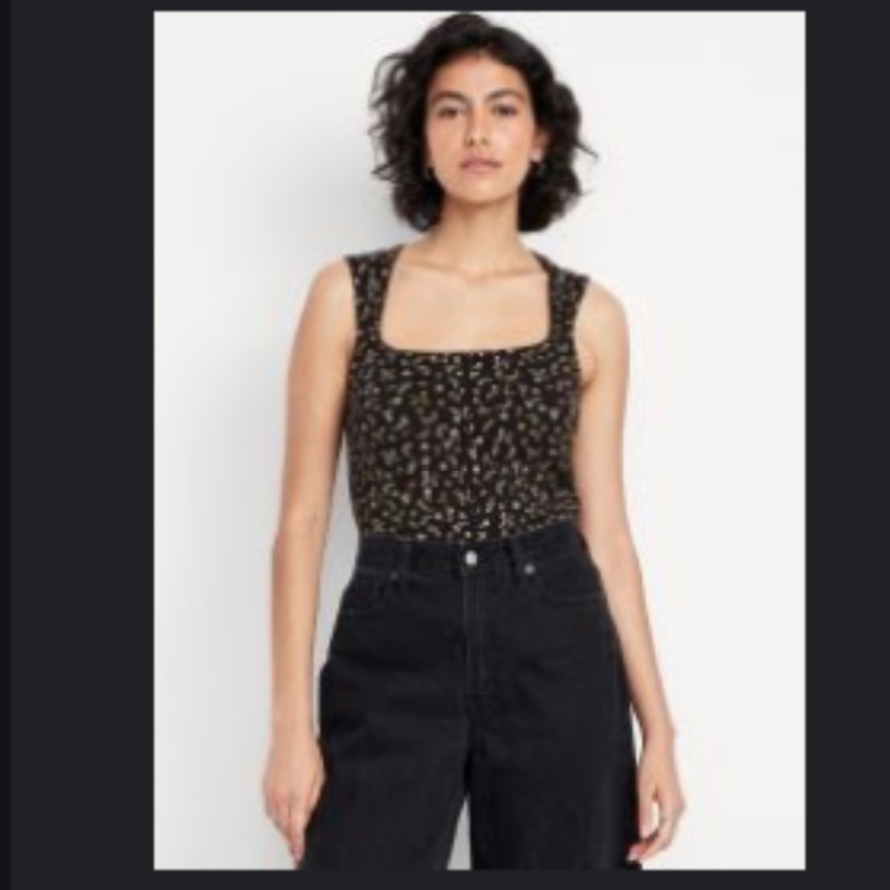 PETITE Old Navy Floral Black Trapeze-Neck Top Size LP
